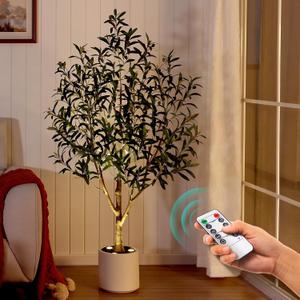 Verinatural Olive Trees Artificial Indoor 5FT - Realistic Fake Plants with Remote LED Spotlights, White Planter - Faux Olive Tree for Home Living Room Office Floor Bedroom Decor, VN214