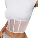 REORIA Women's Sexy Round Neck Short Sleeve Tees Summer Sheer Mesh T Shirt Trendy Y2K Going Out Crop Tops (White, L)