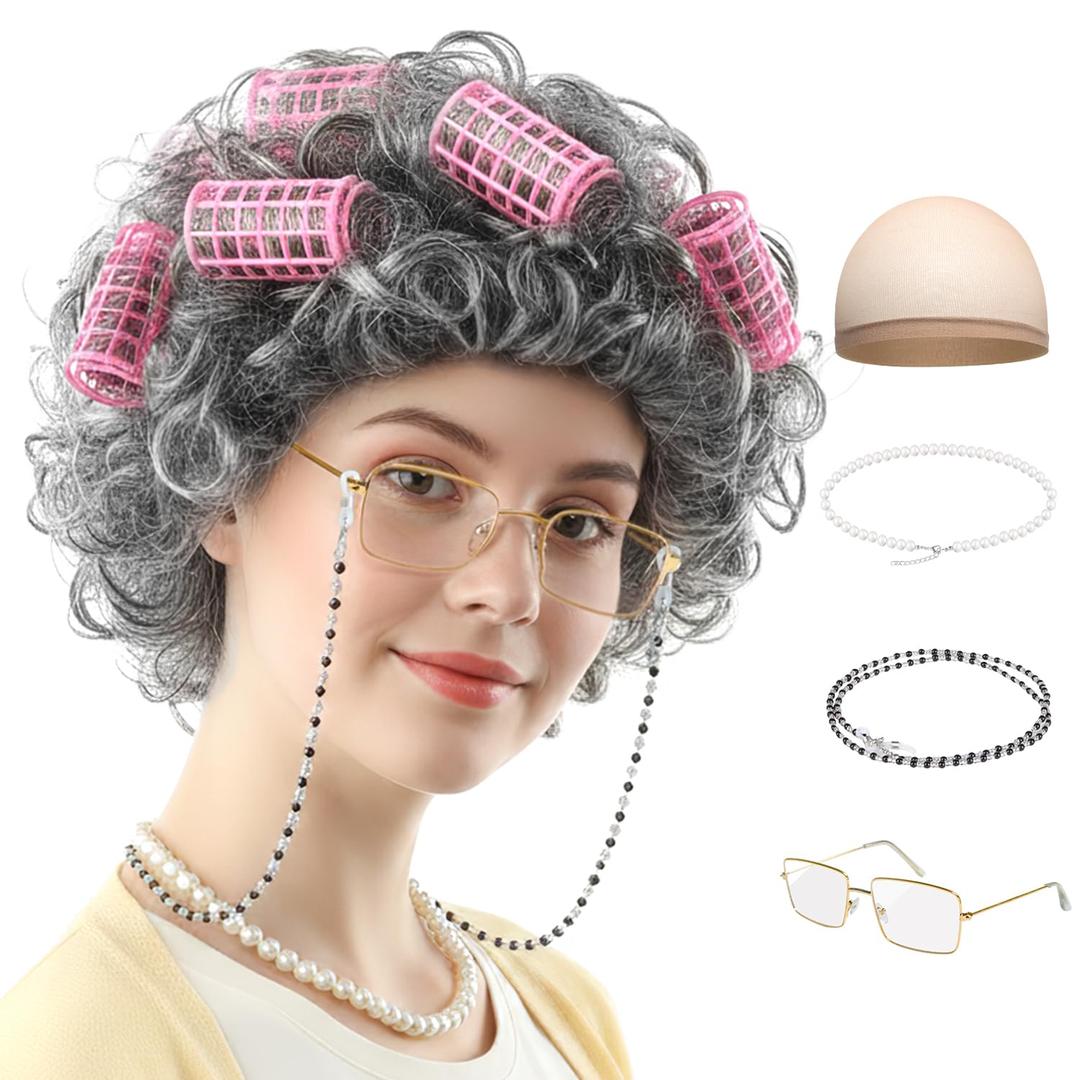 Old Lady Costume for Women, 5 PCS Kids 100 Days of School Grandma Wig Costume Halloween Girls Adults Cosplay Accessories Set (Light Gray Curly)