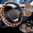 Brown Leopard Print Fuzzy Steering Wheel Cover for Women, Universal Auto Steering Wheel 14-15 Inch Soft Warm Car Interior Accessories with 2PCS Car Coasters, Suitable for Men and Women (one size)