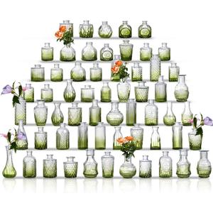 Glass Bud Vase Set of 60 - Small Vases for Flowers in Bulk - Assorted Vintage Crystal Vases for Flowers, Table Centerpieces (Green, 60 Pcs)