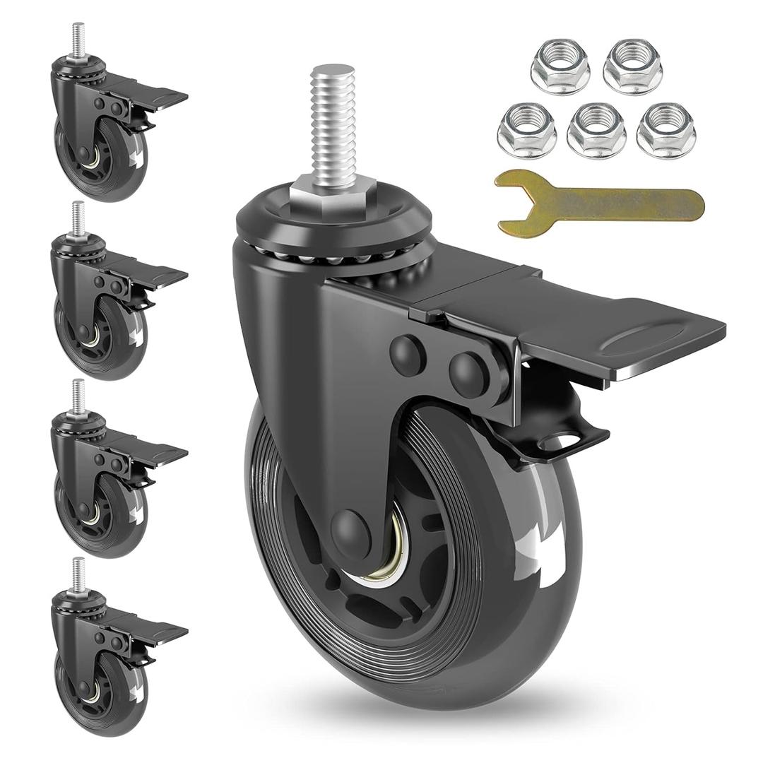 Caster Wheels Sets 5 with Metal Brakes,3 inch Heavy Duty Swivel Castors with 5/16"-18 UNC Threaded stem,Mute Rubber Wheels Replacement for Hardwood,Carpet,Tile, Including Flange Nuts