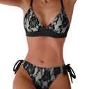 seamoly 2 Pieces Lace Bikini V-Neck Swimsuits for Women Tie Side Bikini Set Classic Black (S)