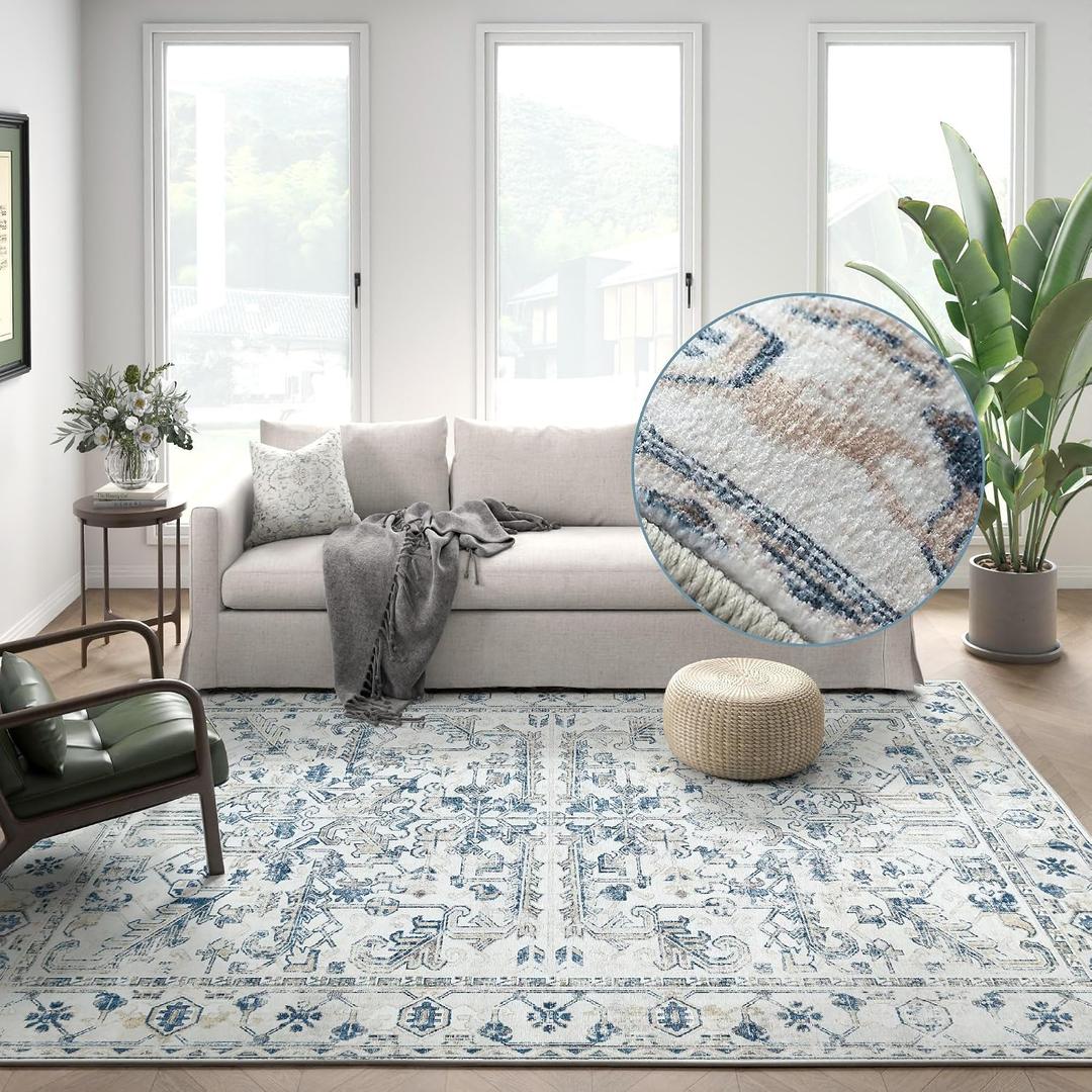 jinchan Lima 8x10 Area Rug for Living Room Washable Soft Throw Rug Ultra-Thin Stain Resistant Non-Slip Distressed Vintage Floral Large Carpet for Bedroom Dining Room Home Office Nursery (8x10ft, Blue)