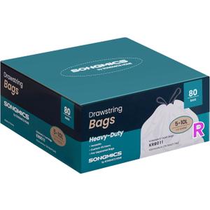 SONGMICS Trash Bags for 2.6-Gallon (10 L) Trash Cans, Drawstring Kitchen Garbage Bags, Pre-Separated, Quick-Dispense Box, Liner Code R, 2 Rolls, 80 Count, White UKRB011A02