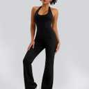 Relety Womens Flare Jumpsuits One Piece Halter Neck Twist Back Sleeveless Butt Scrunch Workout Romper Yoga Bodycon Unitard (Black) Large