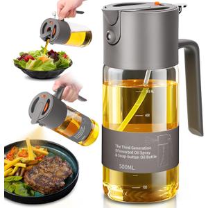 Oil Sprayer for Cooking, 2025 Large Advanced Olive Oil Dispenser Bottle,500ml/17oz Glass Olive Oil Sprayer,2 in 1 Even Spray with Portion Control for Kitchen, Air Fryer, Salad, BBQ - Gray