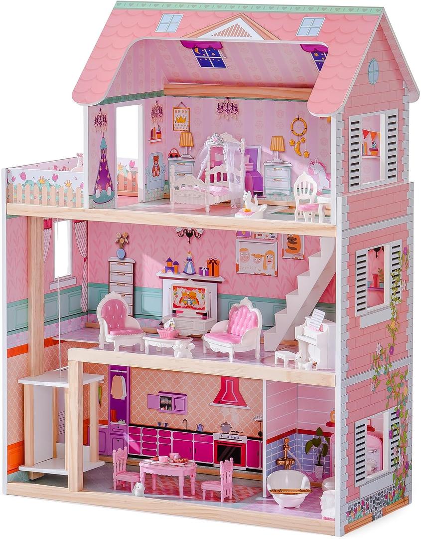 ROBUD Wooden Dollhouse, Doll House Playset, 24.3*12*32in