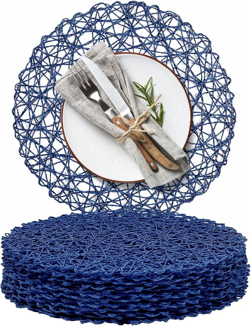 AHHFSMEI Paper Braided Round Placemats Set of 12 Natural Non-Slip Heat Resistant Table Mats for Dining Tables Farmhouse Woven Indoor Outdoor Place mats (Blue,12)