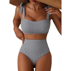 Herseas Women's Black Striped 2 Piece Bikini Sets Adjustable Tie Shoulder Push Up Swim Suits 2026 Summer High Waisted Ladies Bathing Suit Casual Resort Outfits Small