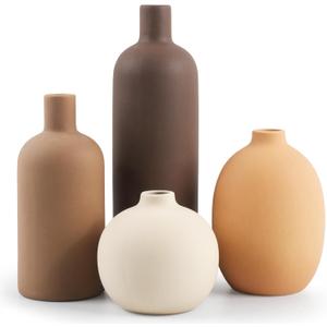4 x Ceramic Neutral Vase Set of 4 for Farmhouse Home Decor, Rustic Decorative Vases for Boho Living Room Centerpieces, Entryway Decorations, Coffee Table, Bookshelf, Fireplace Mantel