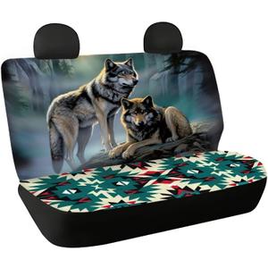 WELLFLYHOM Wolf Moon Car Seat Cover for Cars for Men Southwest Aztec Rear Bench Seat Covers for Truck SUV Van Universal Fit Tribal Navajo Car Accessories Saddle Blanket Seat Protectors 2 Pack Set