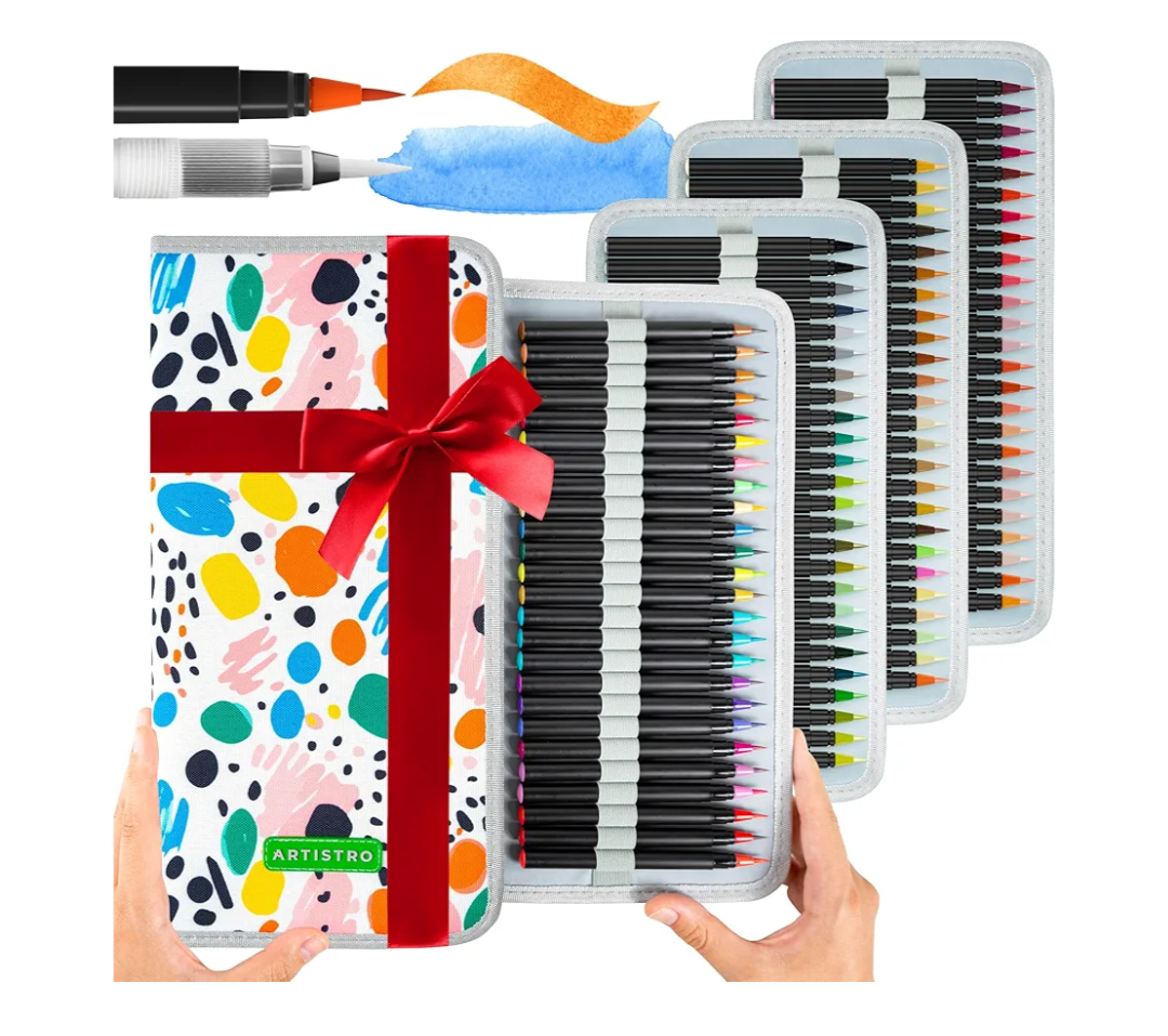 ARTISTRO 100 Watercolor Markers Teacher Appreciation Gifts – Brush Pens, Fineliner, Water Brush, Portable Bag – Vibrant, Washable, Non-Toxic – Ideal Gift for Women for Coloring, Calligraphy & Art