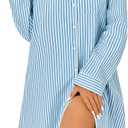 Rooscier Women's Striped Nightgown Collar V Neck Long Sleeve Sleep Shirts Nightdress Button Down Nightwear (Blue)