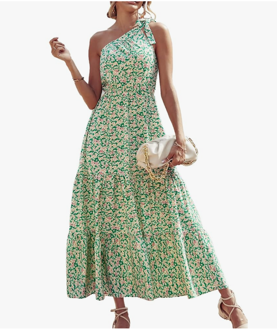 PRETTYGARDEN Women's Summer Floral One Shoulder Maxi Dress Knot Ruffle Boho Beach Vacation Wedding Guest Long Dresses Size S