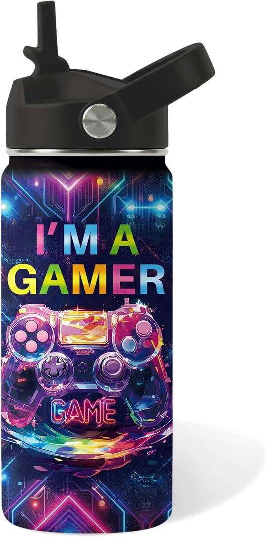 Game Gifts for Boy Girls - 16oz Kids Water Bottle with Straw, I'm A Gamer Stainless Steel Water Bottles Insulated, BPA-free, Leak-proof, Gamer Tumbler for School, Travel - Game Lovers Gift Cup(1pc)