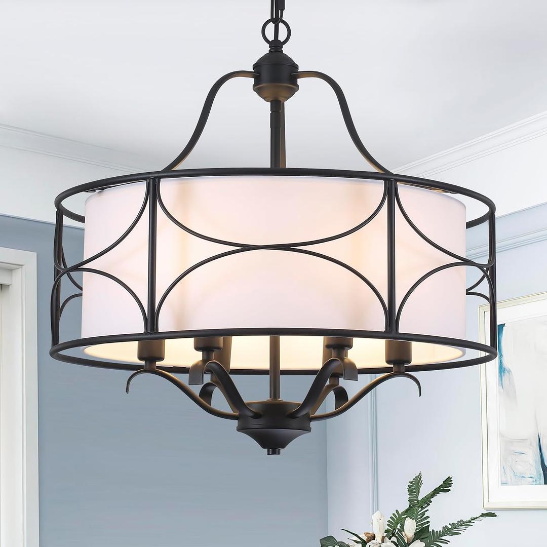 20" Large Black Drum Chandelier - 6 Lights Adjustable Height Modern Farmhouse Pendant Light Fixtures with White Fabric Shade for Kitchen Island Foyer Entryway Living Room Bedroom
