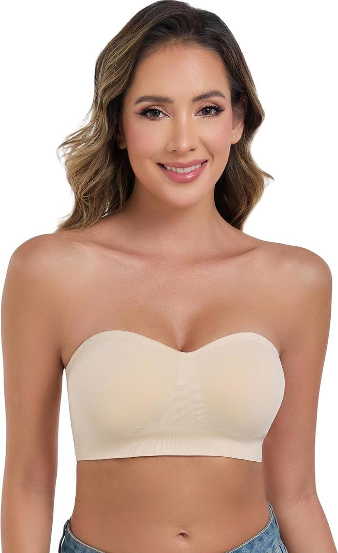 ANGOOL Strapless Bras for Women Wirefree Non-Slip Tube Top Invisible Bralette Seamless Padded Bandeau Bra (Large, Beige)