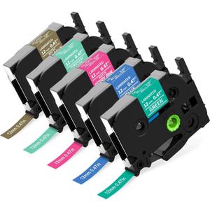 Compatible TZ 12mm 0.47 Color Tape Replacement for Brother P-Touch Label Maker Tape TZe White on Color Ribbon, Compatible with Brother Ptouch PT-D200 D210 D220 PT-H100 H110 D400 Cube, 5 Pack (Turquoise/Berry Pink/Blue/Green/Satin Gold)