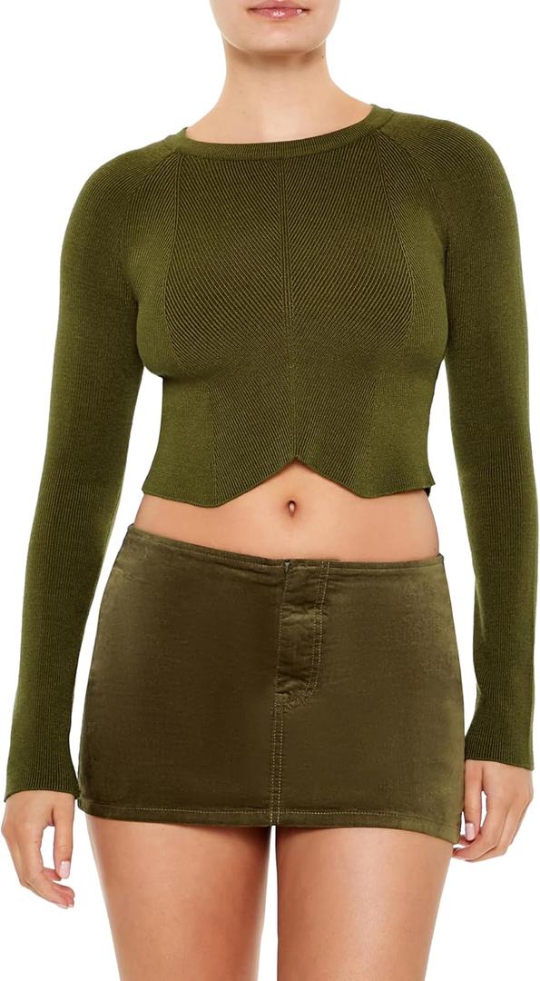 Forever 21 Women's Notched Cropped Sweater (Medium, Green)