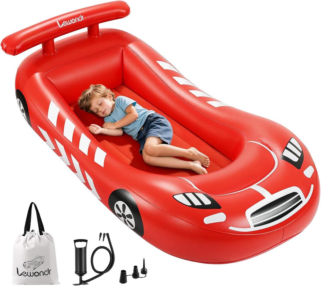 Lewondr Inflatable Kids Bed, Racecar Toddler Air Mattress with Safety Bumpers, Toddler Blow up Mattress with Hand Pump, Portable Toddler Travel Bed for Camping, Sleepovers, Vacation & Home, Red