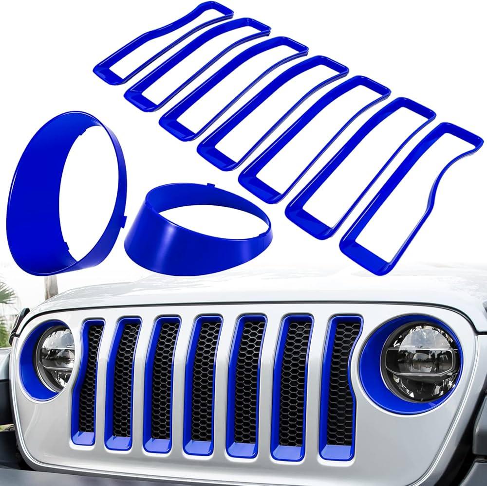 Front Grille Mesh Inserts & Headlight Cover for Jeep Wrangler JL JLU Sport & Sport S Only 20182023 Exterior Accessories Clipin Grille Guard Cover Headlight Bezels Trim Ring (Blue 9PCS)