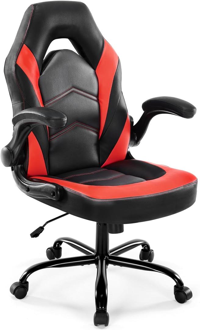 DUMOS Ergonomic Computer Gaming Chair - Home Office Desk with PU Leather Lumbar Support, Height Adjustable Big and Tall Video Game with Flip-up Armrest, Swivel Wheels for Adults and Teens (Red)