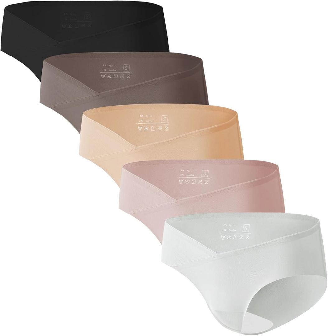 Angelhood Seamless Maternity Underwear for Women, Pregnancy Postpartum Panties No Show Bikini Under Bump Pack of 5, 3 (Large, Black/Beige/Brown/Mauver/Gray)