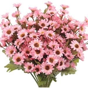 7 Bundles Fake Mums Artificial Fall Flowers for Outdoors Silk Daisy Floral Faux Mum Plants for Home Decor Indoor Outside Porch Pots Planters Potted Decorations (Pink)