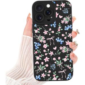 Case for iPhone 14 Pro Max,Cute Flower Pink Bow Heart for Women Girls,Soft Shockproof Aesthetic Protective TPU Bumper Floral Phone Case,Black