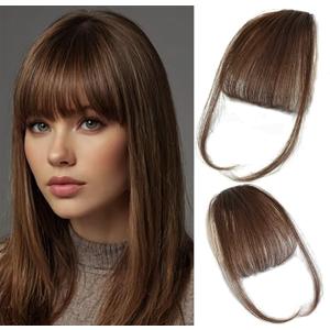 ORIGEN Clip in Bangs Real Human Hair Clip on Wispy Bangs Fringe with Temples Hairpieces Fake Front Bangs Extensions for Women Medium Brown Hair Color