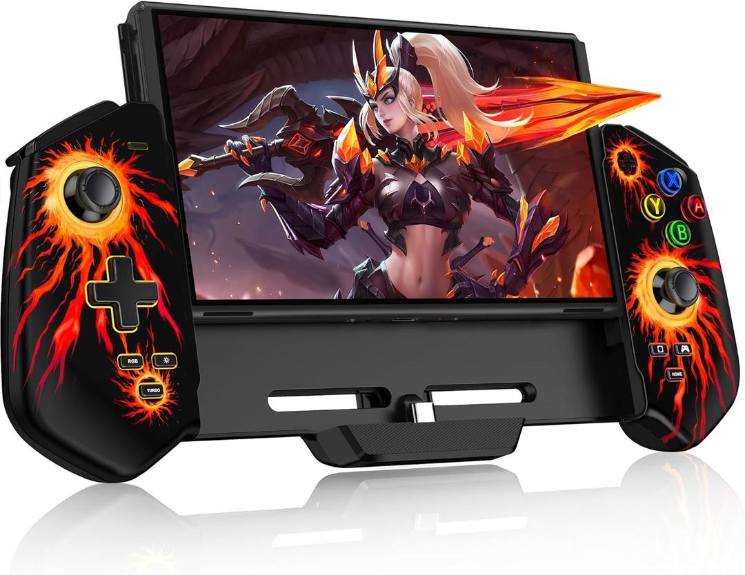 AXYBCOOL Joypad Controller for Nintendo Switch/OLED, Switch Pro Controllers with Hall Joystick, One-Piece Switch Controller Replacement Handheld Mode, Switch Remote with/Turbo/Vibration/4 Game Slot (Black-Flame Light)