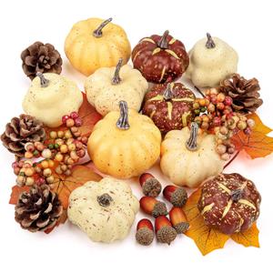 VEKDA 24Pcs Fake Pumpkin Decor Thanksgiving Table Decorations with mini Pumpkins, Acorns, Pine Cones, Berries, Maple Leaves Fall Decorations for Home Orange (Style-1)