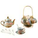Porcelain Tea Set for Adults with Metal Stand - Set of 6 Tea Cups (160ml Cups), 700ml Floral Teapot and 20 Pieces Ceramic Elegant European Gift for Tea