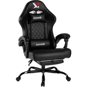 Gaming Chair for Adults with Pocket Spring Cushion, Ergonomic High Back Computer Chair with Footrest and Lumbar Support, Adjustable Height 360° Swivel Recliner, Black, Leather