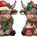 Karenhi 2 Pcs Highland Cow Figurines Christmas Hot Cocoa Highland Cow Gnomes Scottish Resin Statue Calf Lovers Gifts for Xmas Home Garden Kitchen Office Tiered Tray Table Decor