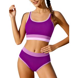 Girls Swimsuit Two Piece Bikini Sets Color-Block Adjustable Straps Bathing Suit Girls Swimwear 9-16Y (15-16 Years, Purple)