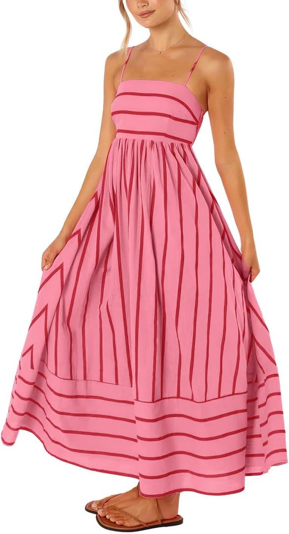 chouyatou Women's Striped Back Smocked Maxi Dress Sexy Spaghetti Strap Cut Out Flowy Swing Long Dress (Pink, M)