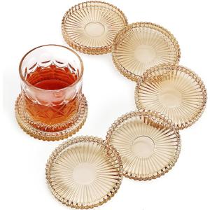 Vintage Glass Coasters, GOH DODD Set of 6 Crystal Coasters Tabletop Protection for Drinks, Home Decor, Kitchen, Living Room, Patio, Wedding, Party, Housewarming Gifts, Amber, Gold