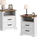 ChooChoo Farmhouse Night Stands with Charging Station, Wood Nightstand Set of 2 with 2 Drawers, Bedside Table with Open Storage Shelf for Bedroom, White, 19.7 inches x 15.7 inches x 23.6 inches