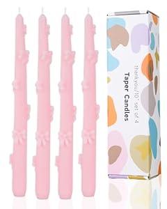 LPUSA Taper Candle Pink Candlestick Bow Soy Candles Unscented Wedding Party Wax Unscented Dinner Candle Dripless, 10 inch, Set of 4, J1