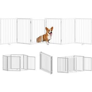 Full Metal Freestanding Dog Gate with Door, 24'' Height Foldable Pet Dog Fence for Indoor & Outdoor, 6 Panels Extra Wide Free Standing Small Dog Gates for Doorways,House,Stairs,Porch,Deck,Yard (White)