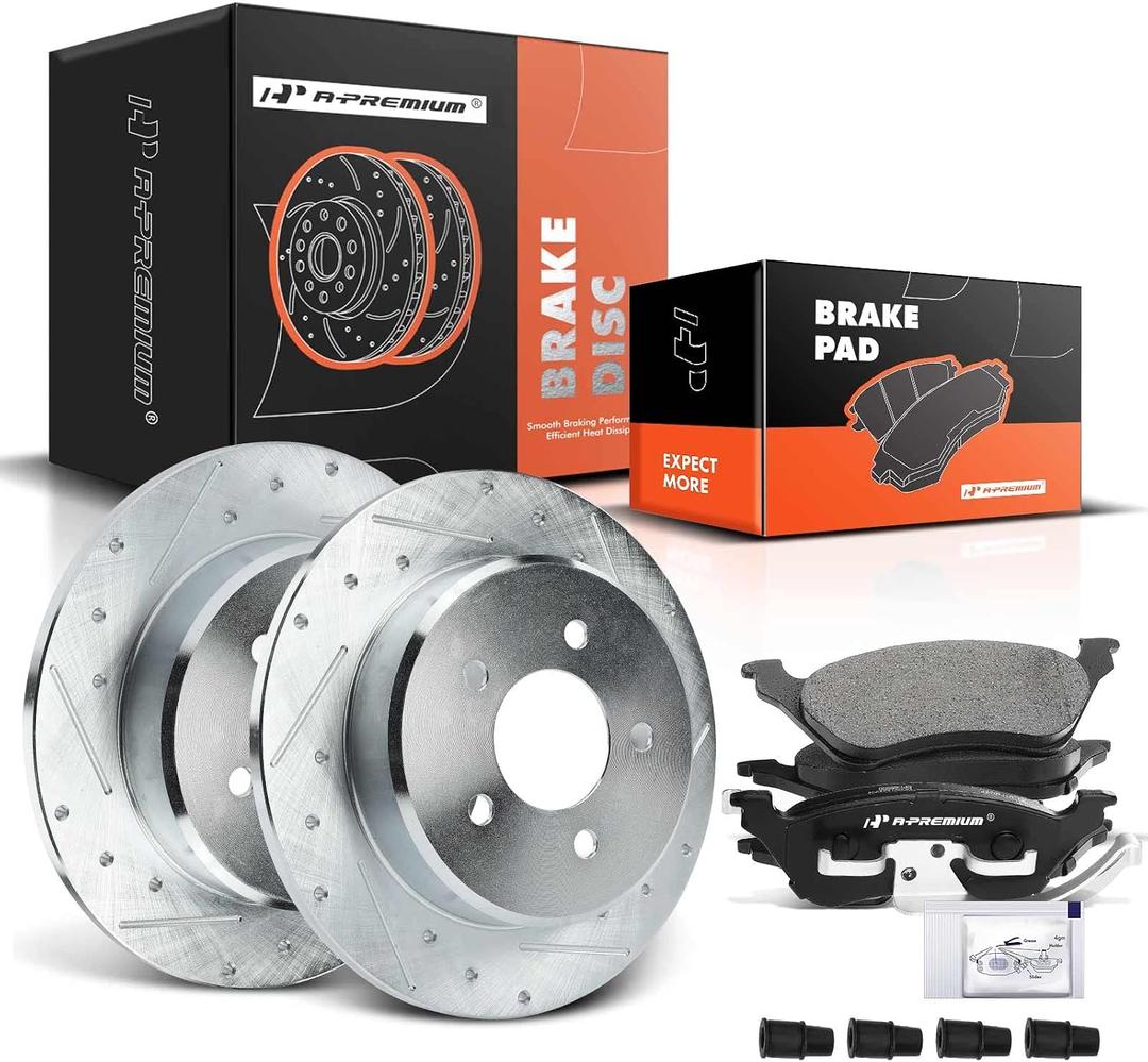 A-Premium 11.41 inch (290mm) Rear Drilled and Slotted Disc Brake Rotors + Ceramic Pads Kit Compatible with Select Dodge & Chrysler Models - Caravan/Grand Caravan/Town & Country 2001-2007, Voyager 2003