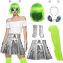 Vegove 6Pcs Alien Costume Women, Metallic Skirt Antenna Headband Bob Hair Glasses Neon Green Space Accessories for Halloween