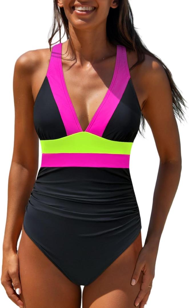 popvil One Piece Swimsuit Women 2025 Tummy Control Neon Color Block Bathing Suit Deep Vneck Tie Back Swim Suits Beach, Black Pink, X-Large