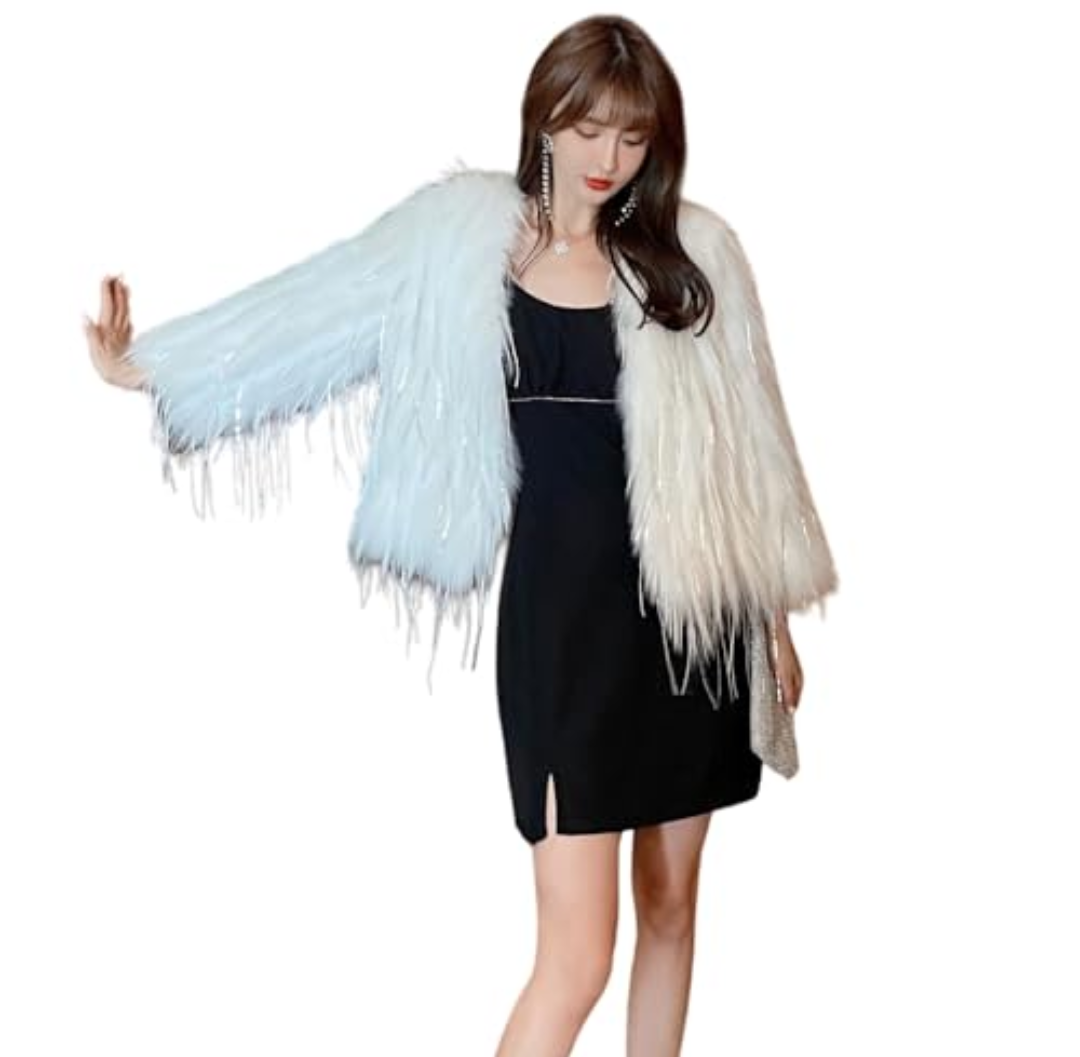 Guseval Women's Fashion Cropped Faux Fur Jacket Long Sleeve Open (US, Alpha, Medium, Regular, Regular, white)