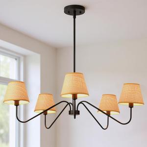 34" Boho Rattan Chandelier, 5-Light Matte Black Modern Farmhouse Pendant Light with Hand-Woven Wicker Shades, Rustic Industrial Ceiling Fixture for Dining Room, Kitchen Island