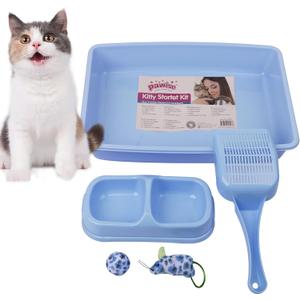 PAWISE Small Cat Litter Box,14.3 x 10.6 x 2.5 Kitten Litter Box Starter Kit,Low Entry Baby Catty Training Litter Box with Scoop, Bowls,Cat Mouse Toy and Ball Toy,First Kitten Owner Essentials (Blue)