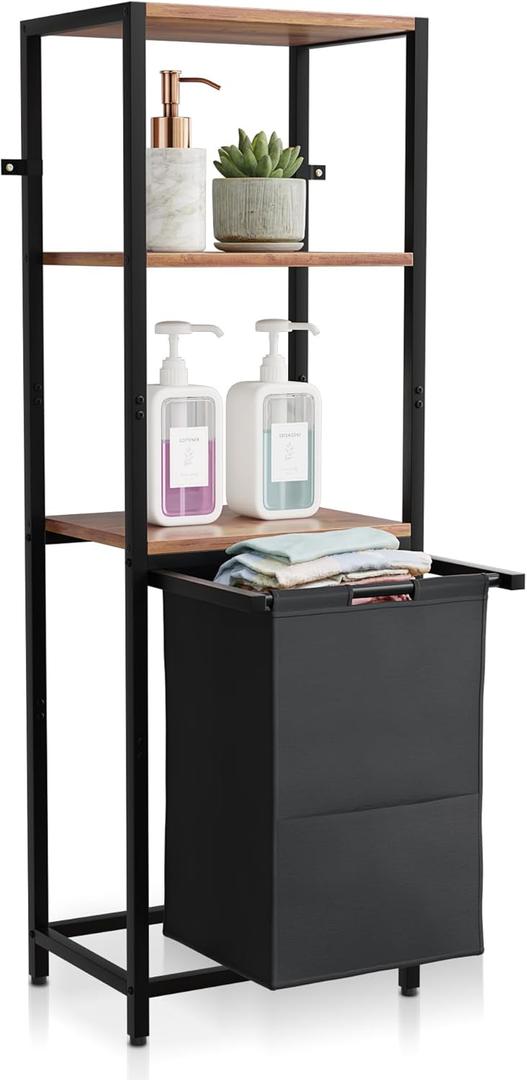 Tilt-Out Laundry Hamper with Shelf – 3 Tier Laundry Organizer with Waterproof Fabric Bin | Freestanding Storage Cabinet with Hooks for Bathroom & Bedroom, 12 inches x 14.5 inches x 48 inches