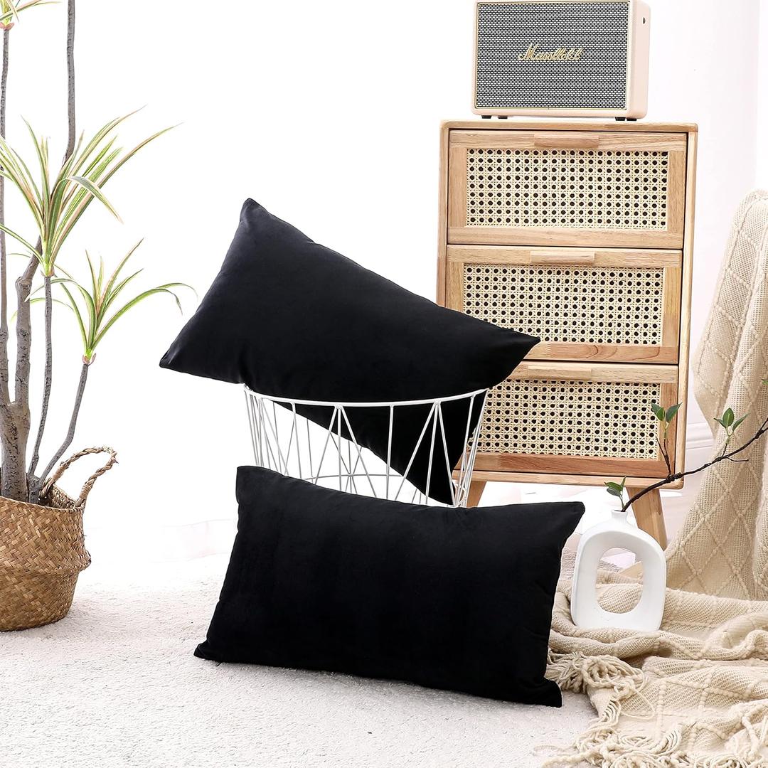 NiNi ALL Decorative Throw Pillow Covers Pack of 2 Velvet Throw Pillow Cases for Couch Sofa Bed Car Office Pillows Cover Bedroom Living Room Outdoor Black Pillow Covers 12x20 Inch
